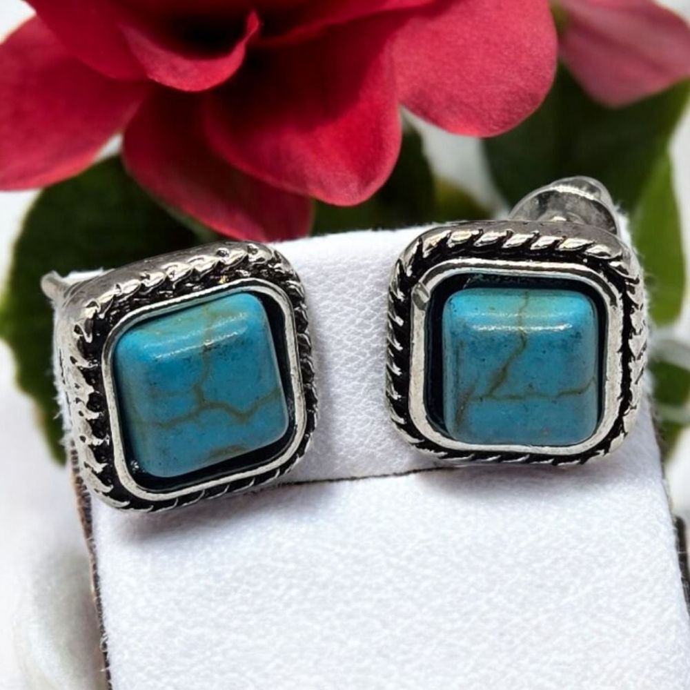 Square Turquoise Stud Earrings Boho-Chic Tribal Western Pierced Women's Jewelry